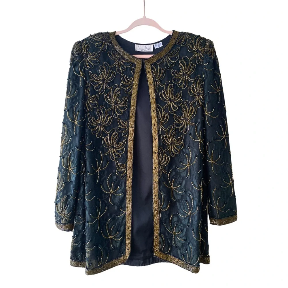 LAURENCE KAZAR XL Black Gold Beaded Jacket Blazer Evening Holiday Cocktail Top - Picture 2 of 13